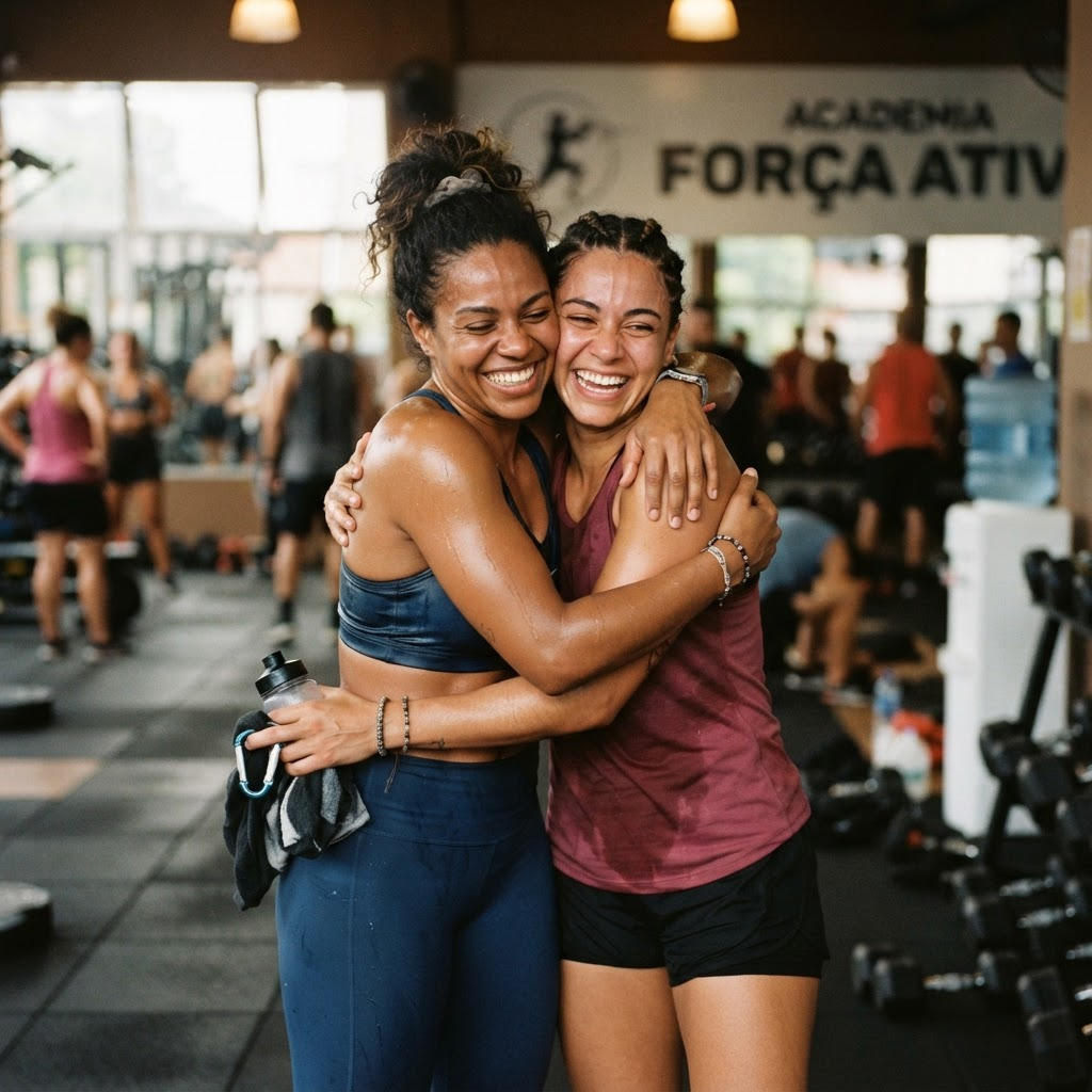 Duas mulheres se abraçando e se apoiando depois do treino