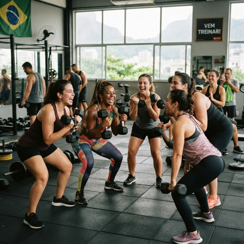 Mulheres treinando juntas com halteres na academia