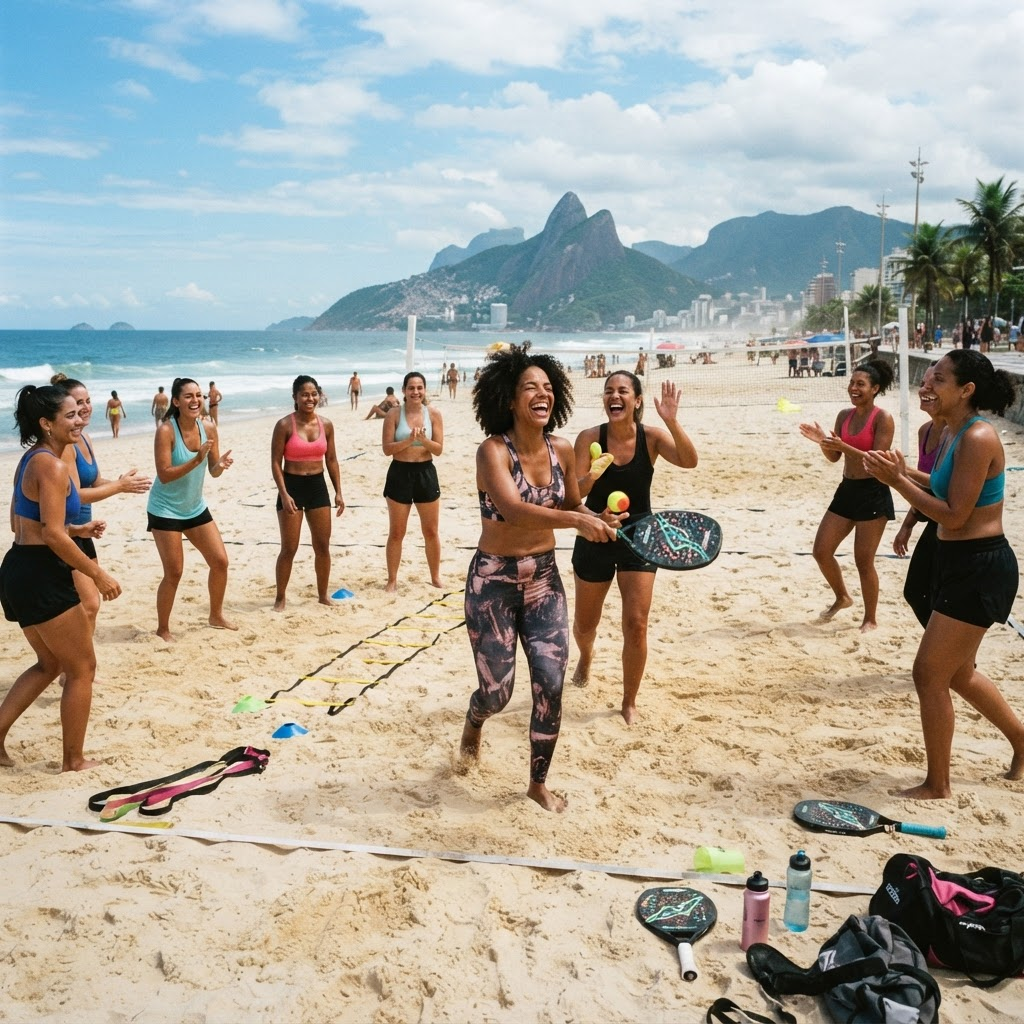 Grupo de mulheres em aula ao ar livre se divertindo